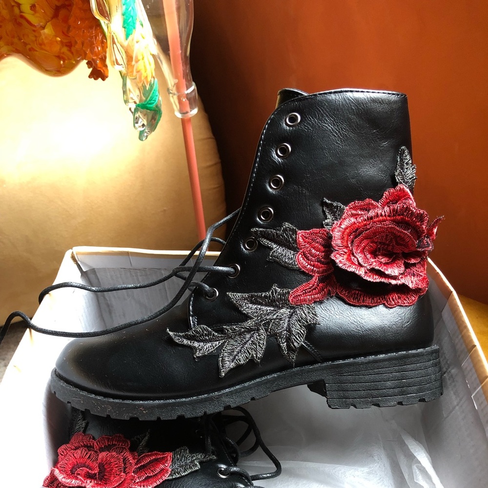 Black Vegan Leather Combat Boot with 3D Rose